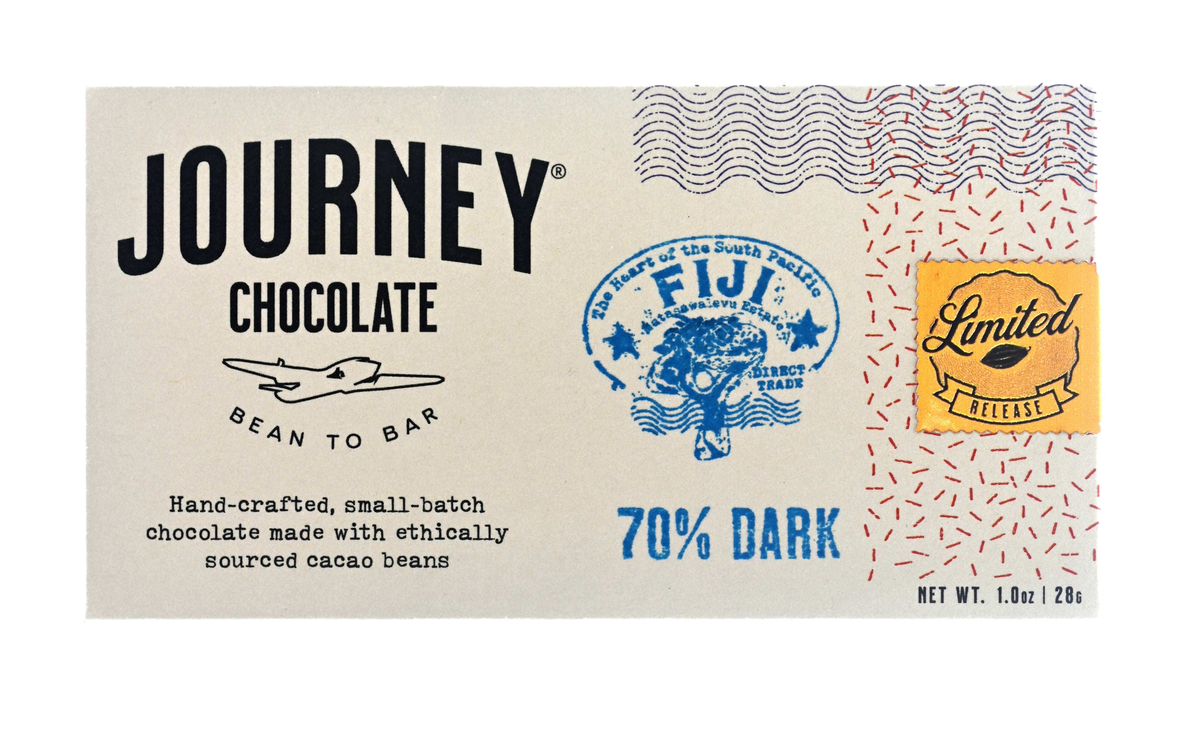 A medium size packaged Journey Chocolate bar in an off-white cardboard box with wavy US postal service lines across the top and right sides of the box. A gold foil postage stamp style seal with a cacao pod in the middle seals the box, with the word “Limited” in cursive in wavy concentric circles around the image and the word “Release” at the bottom. The journey chocolate logo is on the left side of the  bar and a Fiji 70% dark stamp centered in the middle, net weight 1.0 oz or 28 grams.