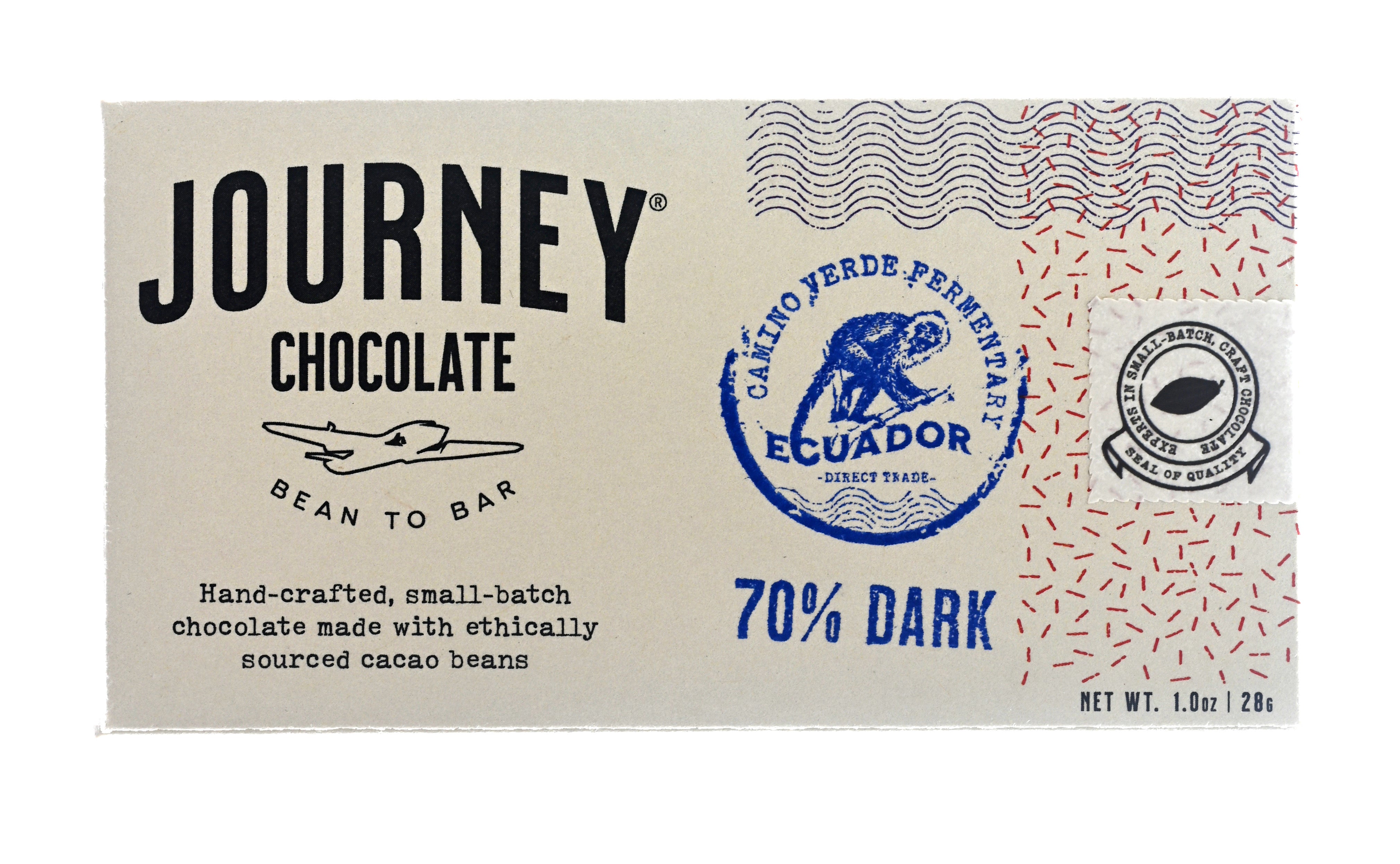 A medium size packaged Journey Chocolate bar in an off-white cardboard box with wavy US postal service lines across the top and right sides of the box. A white postage stamp style seal with a cacao pod in the middle seals the box, with the words "Experts in small-batch, craft chocolate" in a circle around the image and the words "Seal of Quality" at the bottom. The journey chocolate logo is on the left side of the  bar and an Ecuador 70% dark stamp centered in the middle, net weight 1.0 oz or 28 grams.