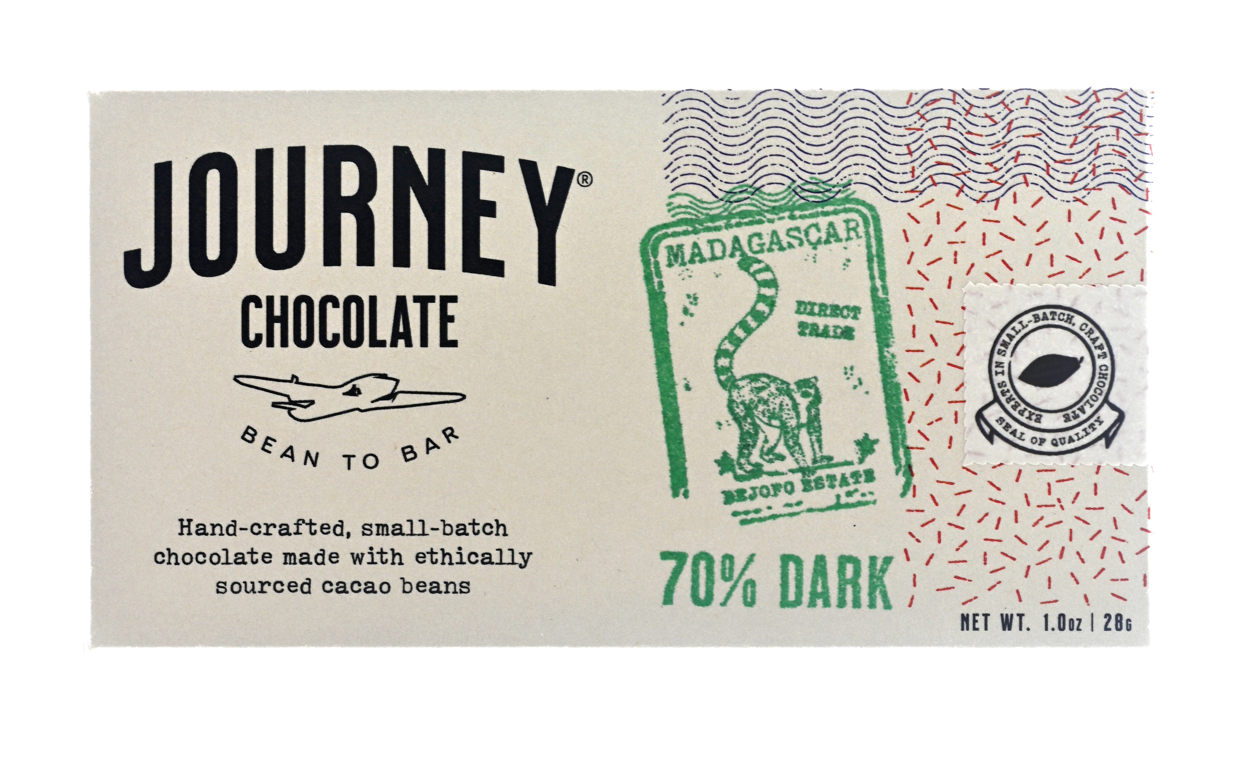 A medium size packaged Journey Chocolate bar in an off-white cardboard box with wavy US postal service lines across the top and right sides of the box. A white postage stamp style seal with a cacao pod in the middle seals the box, with the words "Experts in small-batch, craft chocolate" in a circle around the image and the words "Seal of Quality" at the bottom. The journey chocolate logo is on the left side of the  bar and an Madagascar 70% dark stamp centered in the middle, net weight 1.0 oz or 28 grams.