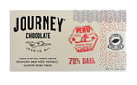 Load image into Gallery viewer, A medium size packaged Journey Chocolate bar in an off-white cardboard box with wavy US postal service lines across the top and right sides of the box. A white postage stamp style seal with a cacao pod in the middle seals the box, with the words &quot;Experts in small-batch, craft chocolate&quot; in a circle around the image and the words &quot;Seal of Quality&quot; at the bottom. The journey chocolate logo is on the left side of the  bar and an Peru 70% dark stamp centered in the middle, net weight 1.0 oz or 28 grams.
